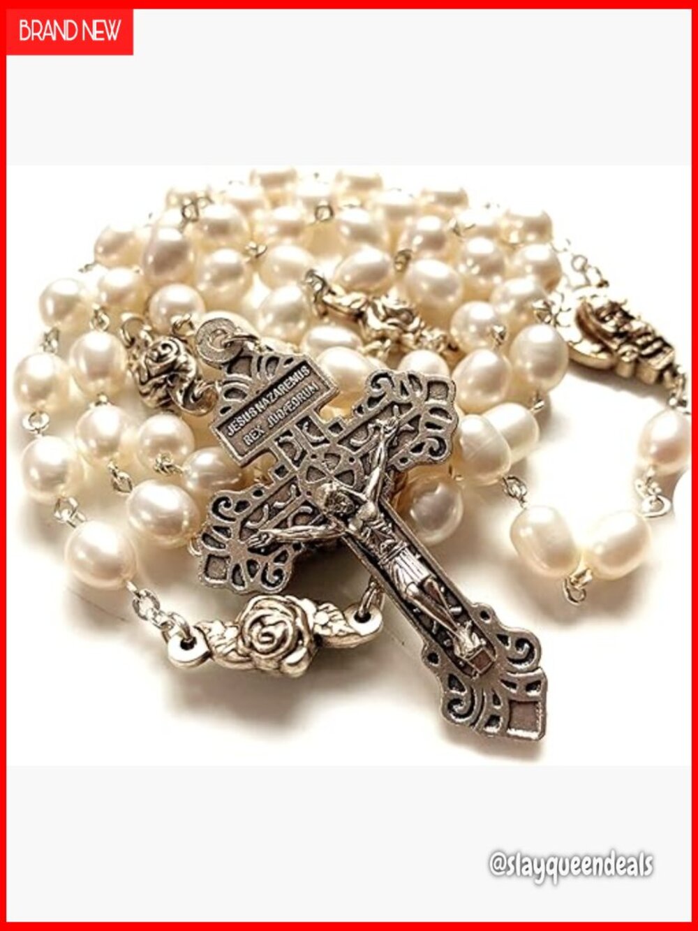 8-9mm Pearl Rosary Crucifix Jesus Cross Catholic Necklace Box